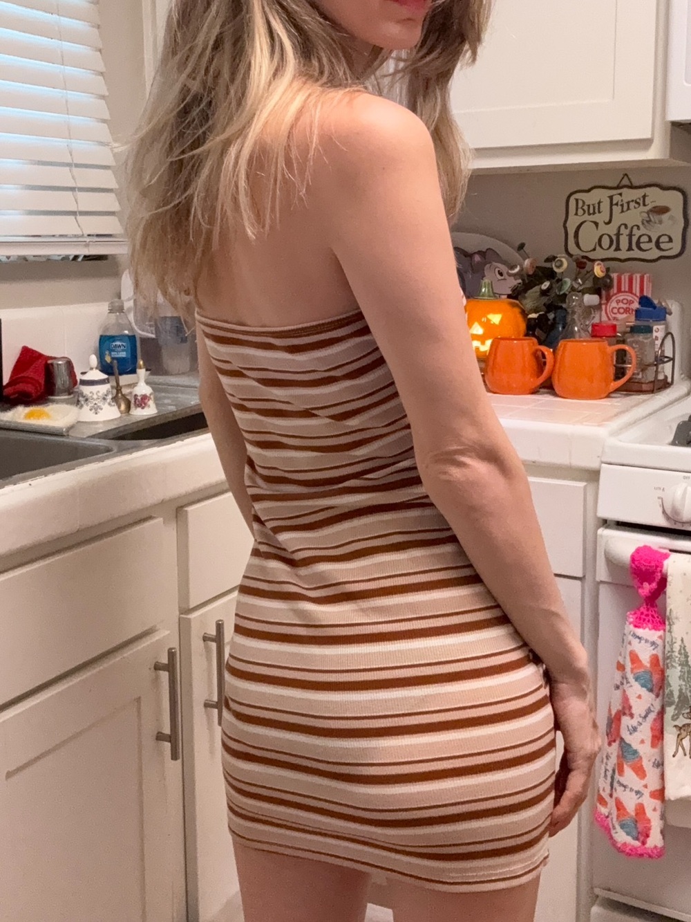 Striped Mini Dress in Brown & White Like New - Picture 3 of 8